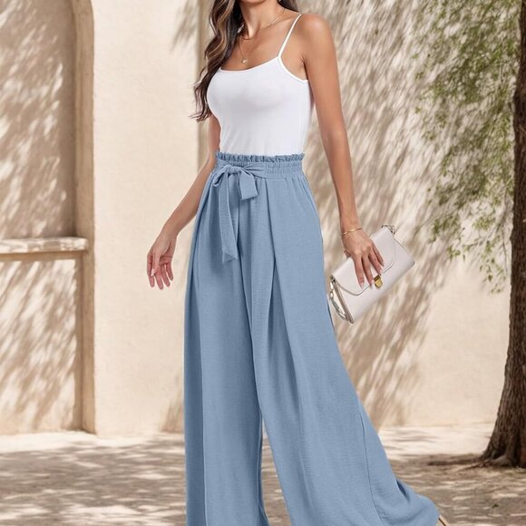 High Waisted Palazzo Pants Work Casual Flowy Tie Knot Trousers with Pockets - Picture 3 of 5